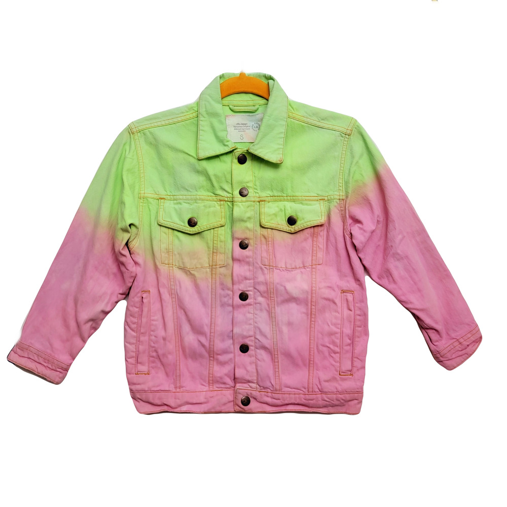 Long sleeve collared denim jacket green pink S buttoned